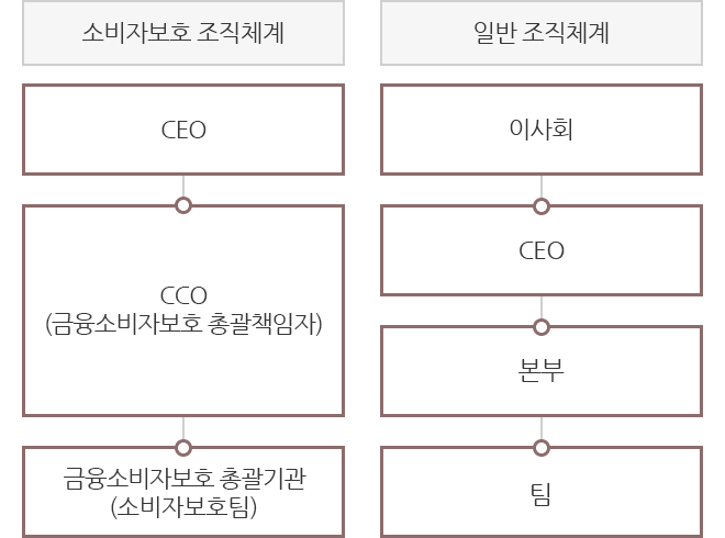 소비자보호 조직체계 : CEO - CCO(금융소비자보호 총괄책임자) - 금융소비자보호 총괄기관(소비자보호팀), 일반조직체계 : 이사회 - CEO - 본부 - 팀