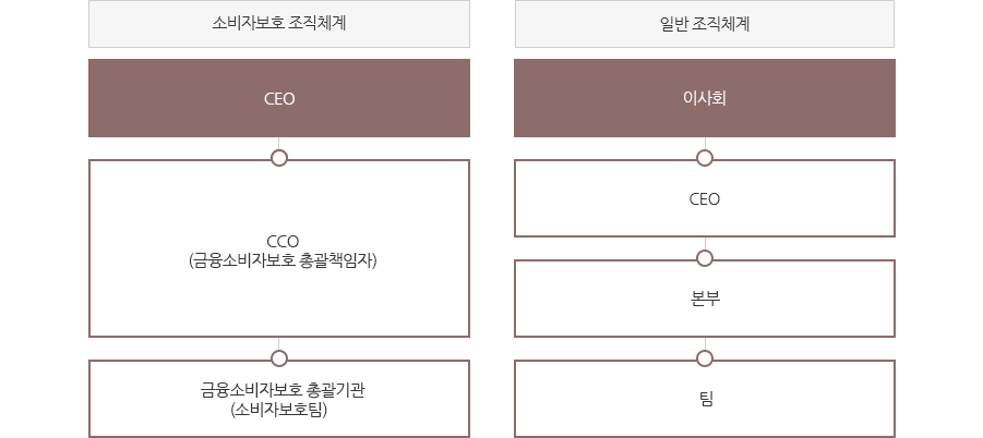 소비자보호 조직체계 : CEO - CCO(금융소비자보호 총괄책임자) - 금융소비자보호 총괄기관(소비자보호팀), 일반조직체계 : 이사회 - CEO - 본부 - 팀