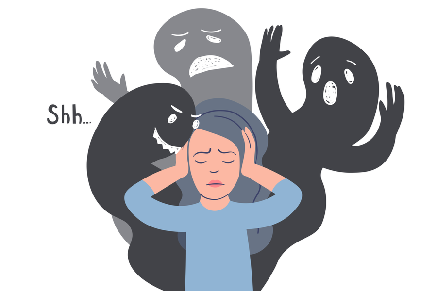 귀를 막고 괴로워 하는 여성 뒤로 검은 그림자 실루엣 3개가 여성을 괴롭히고 있는 일러스트 이미지