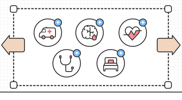 암, 뇌혈관질환, 심장질환, 입원, 수술 등 다양한 보장이 가능함을 보여주는 이미지